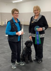 owner, Judy, with her dog, judge and ribbon in obedience ring